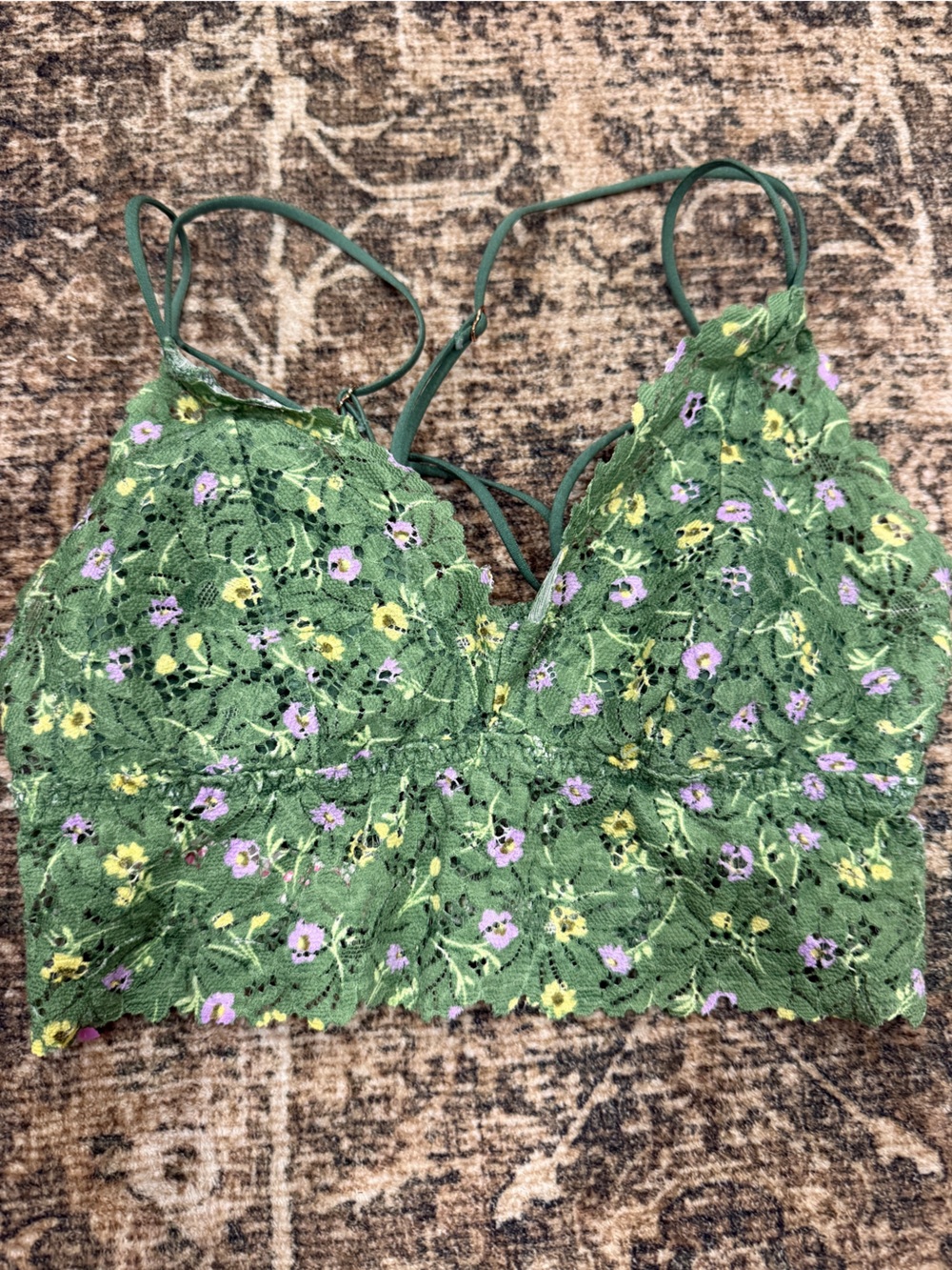 PINK Victoria's Secret Green Floral Lace Strappy Back Bralette Size S